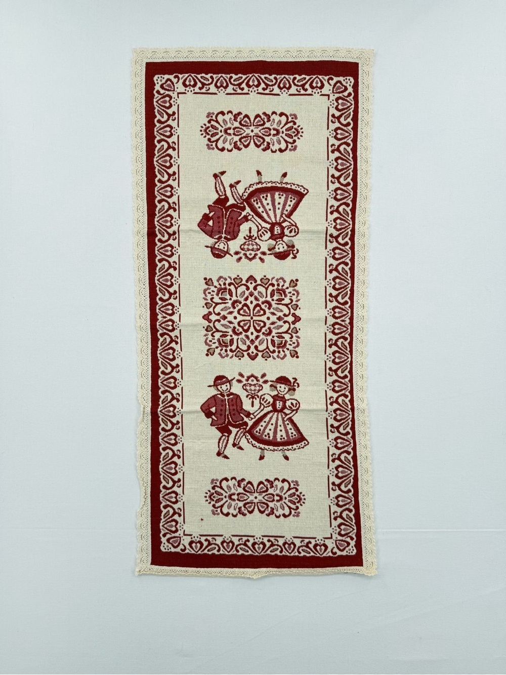 Vintage European Folk Art Table Runner Red Cream Lace Trim Cottage Decor
